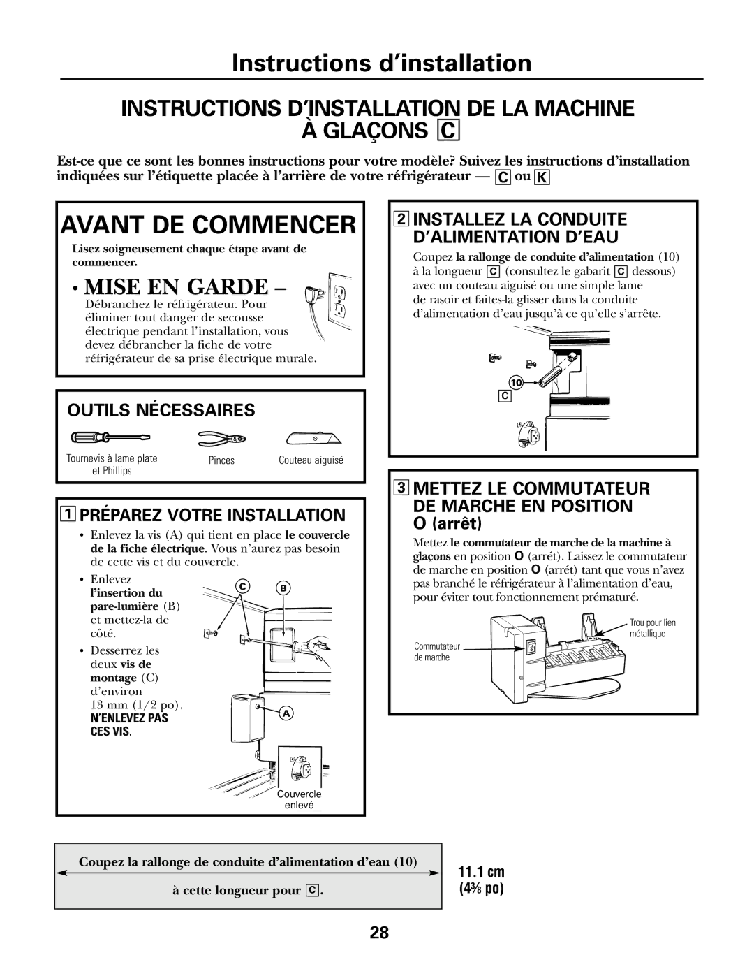 GE IM-5SS Instructions D’INSTALLATION DE LA Machine Glaçons C, Outils Nécessaires, Préparez Votre Installation 