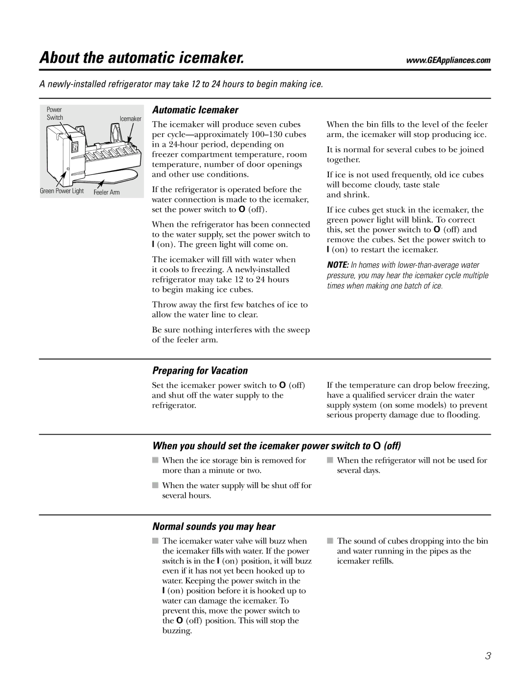 GE IM-5SS About the automatic icemaker, Automatic Icemaker, Preparing for Vacation, Normal sounds you may hear 