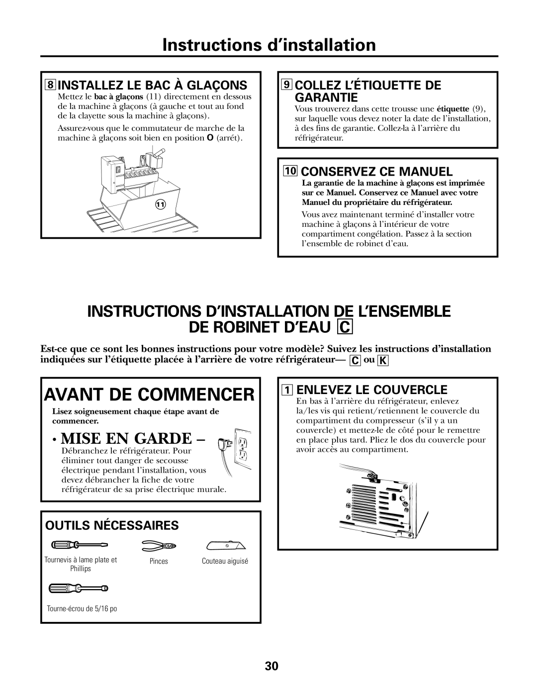 GE IM-5SS Installez LE BAC À Glaçons, Collez L’ÉTIQUETTE DE Garantie, Conservez CE Manuel, Enlevez LE Couvercle 