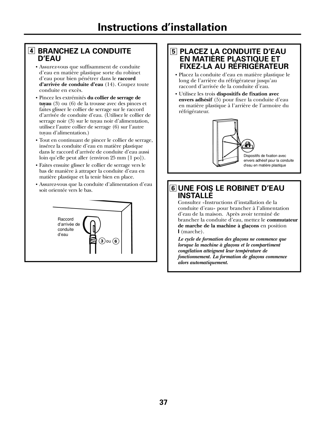 GE IM-5SS installation instructions Raccord ’arrivée de conduite d’eau 