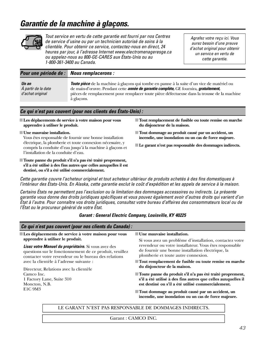 GE IM-5SS installation instructions Garantie de la machine à glaçons, Pour une période de Nous remplacerons 