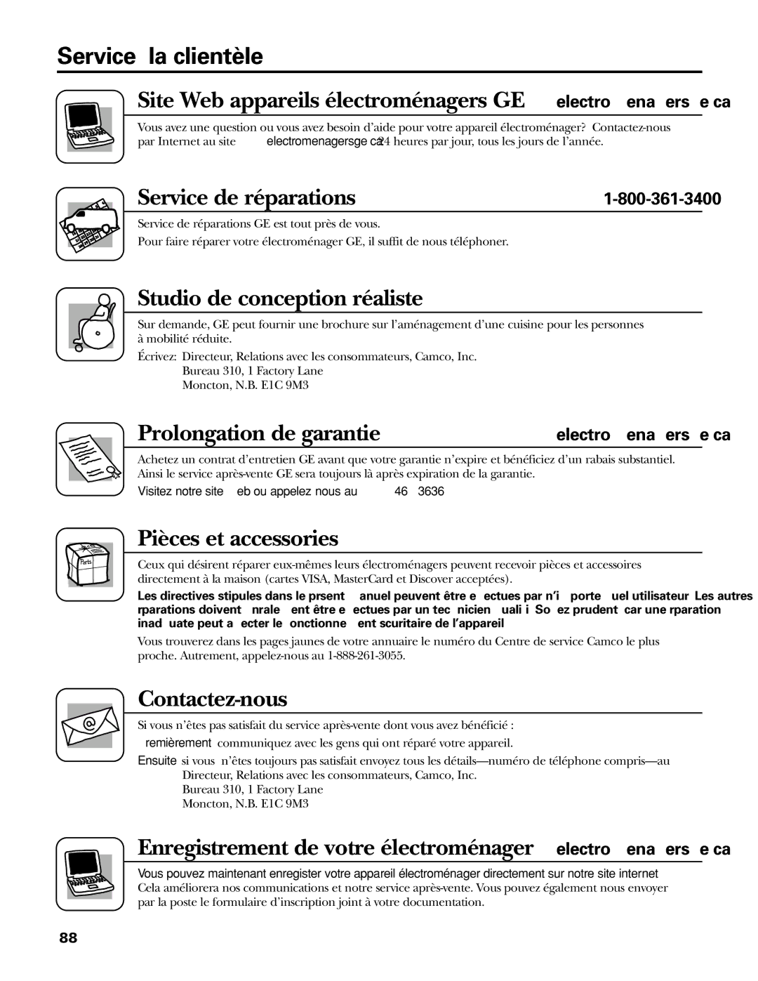 GE IM-5SS installation instructions Service à la clientèle, Service de réparations, Prolongation de garantie 