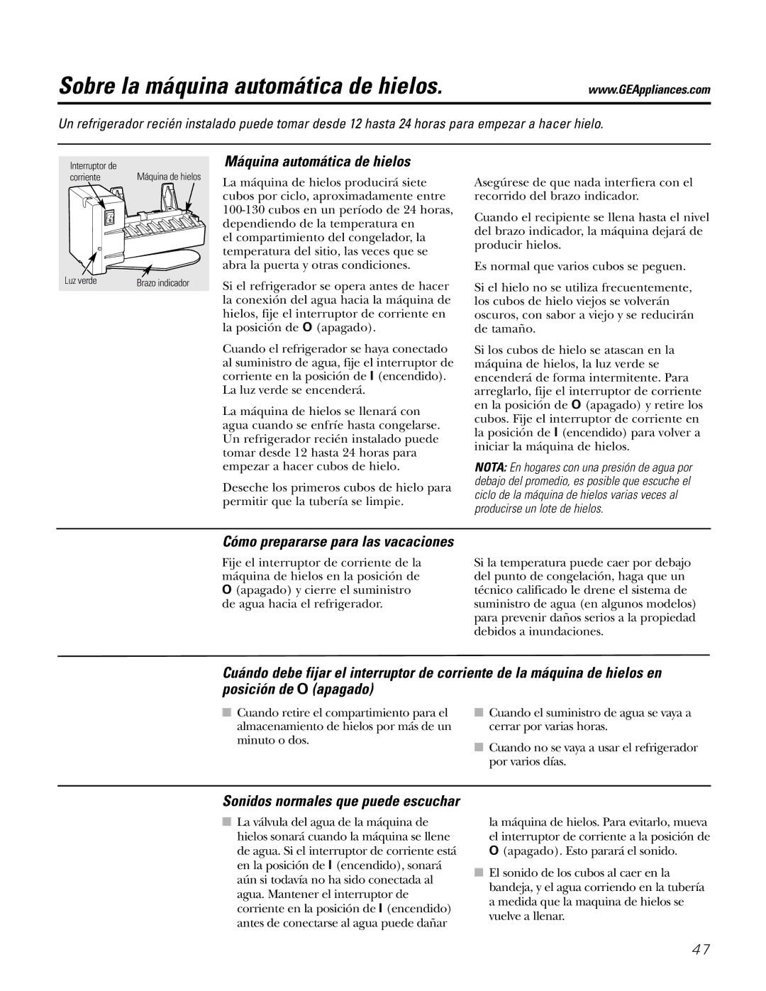 GE IM-5SS installation instructions Sobre la máquina automática de hielos, Máquina automática de hielos 