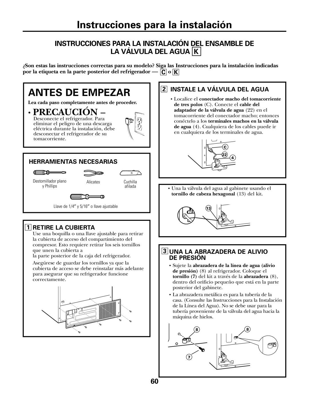 GE IM-5SS installation instructions Llave de 1/4″ y 5/16″ o llave ajustable 