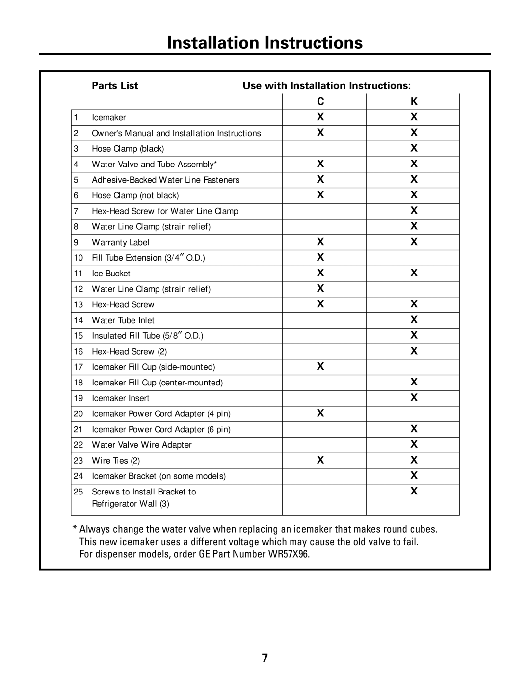 GE IM-5SS installation instructions Parts List Use with Installation Instructions 