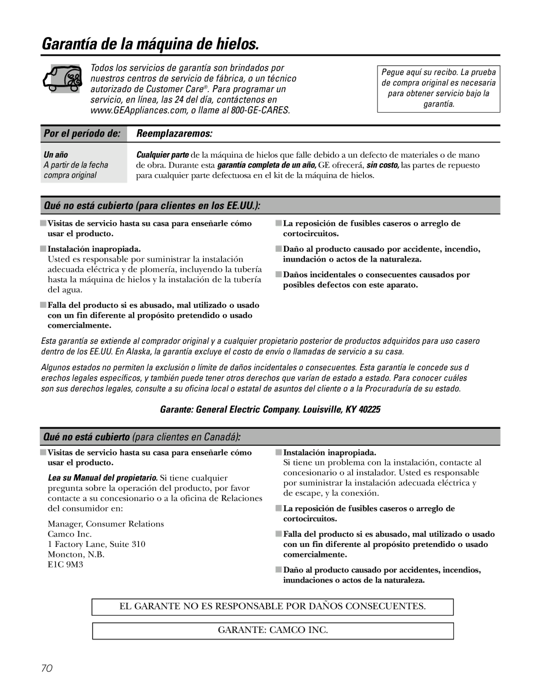 GE IM-5SS installation instructions Garantía de la máquina de hielos, Por el período de Reemplazaremos 