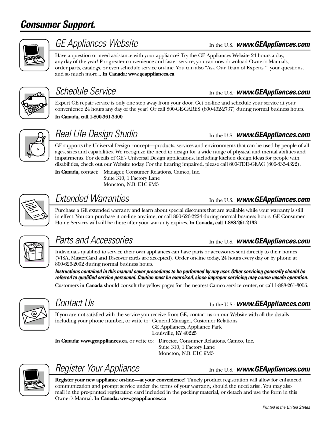 GE IM-5SS installation instructions Consumer Support, Canada, call 