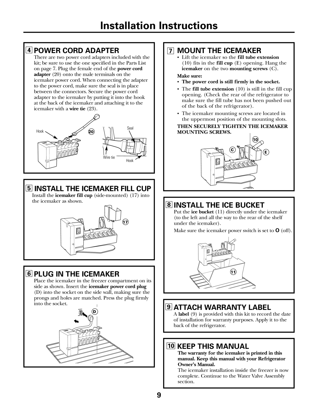 GE IM-5SS Power Cord Adapter, Install the Icemaker Fill CUP, Plug in the Icemaker, Mount the Icemaker, Keep this Manual 