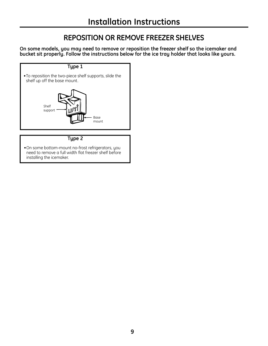 GE IM-6 installation instructions Reposition or Remove Freezer Shelves 