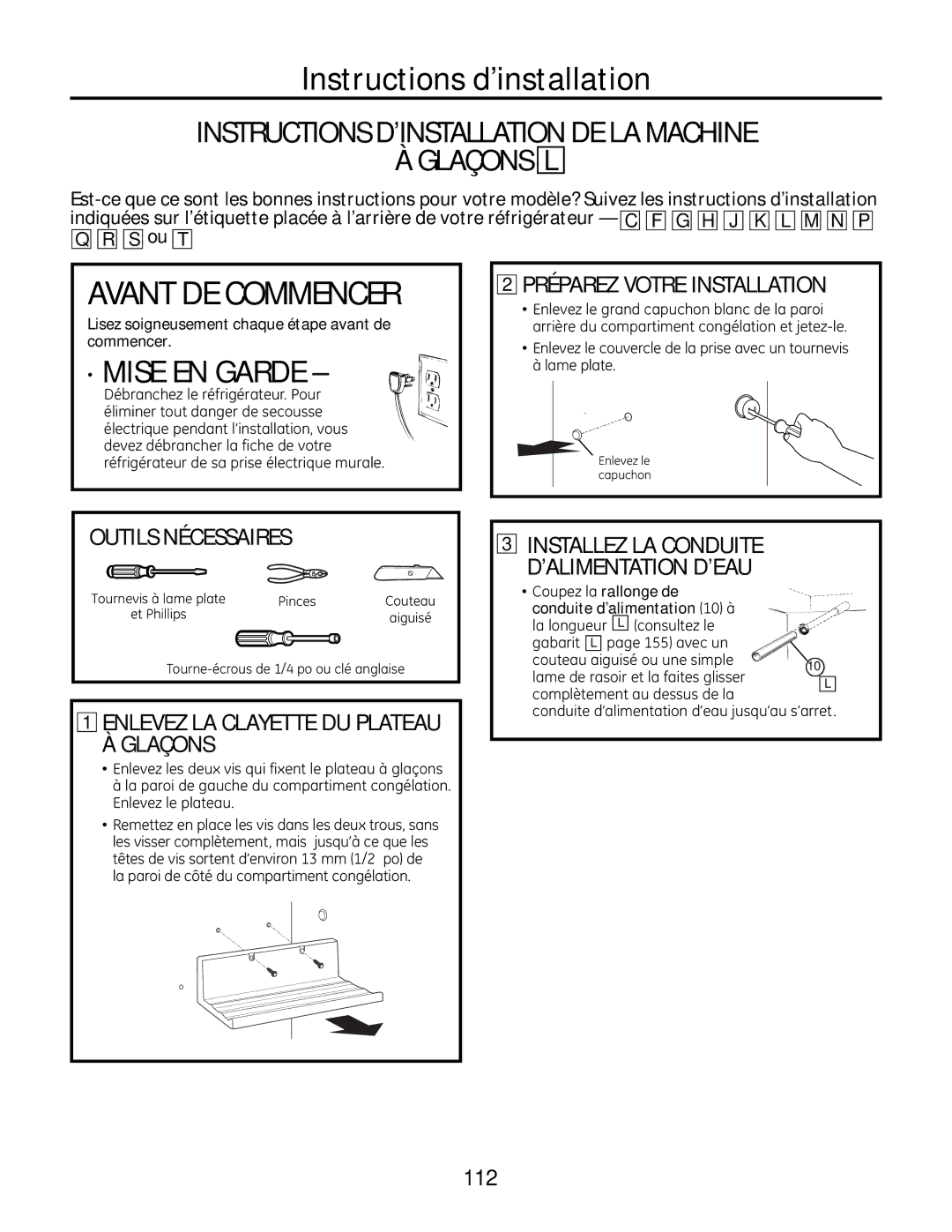 GE IM-6 Instructions D’INSTALLATION DE LA Machine Glaçons L, Enlevez LA Clayette DU Plateau À Glaçons 