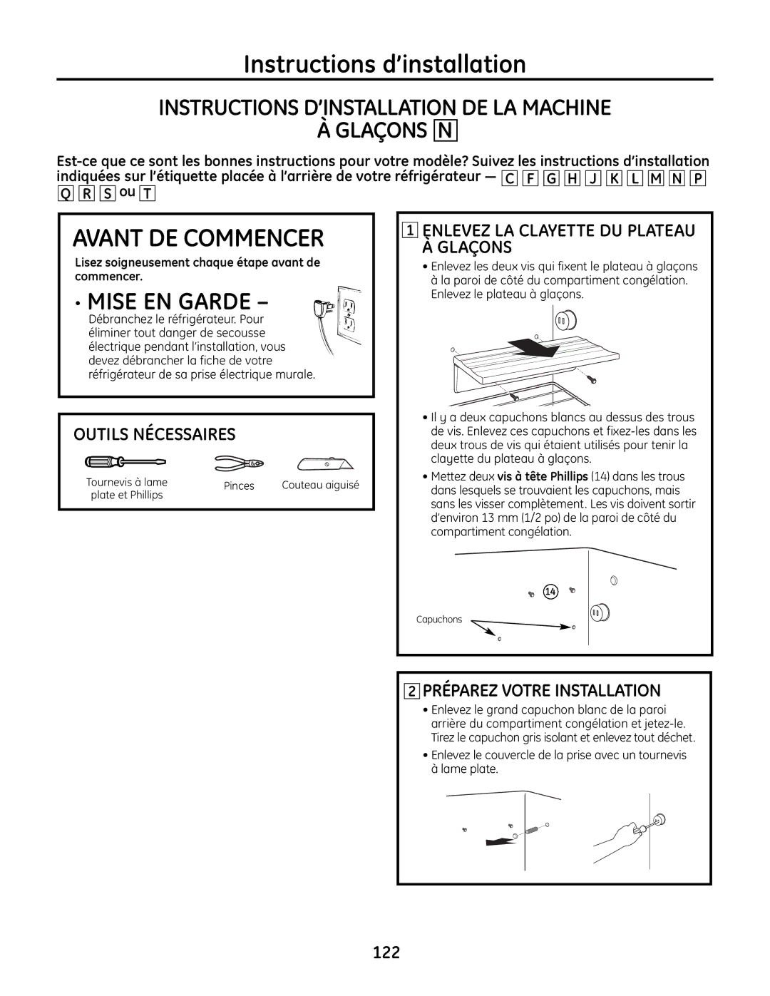 GE IM-6 installation instructions Instructions D’INSTALLATION DE LA Machine Glaçons N, Tournevis à lame Pinces 