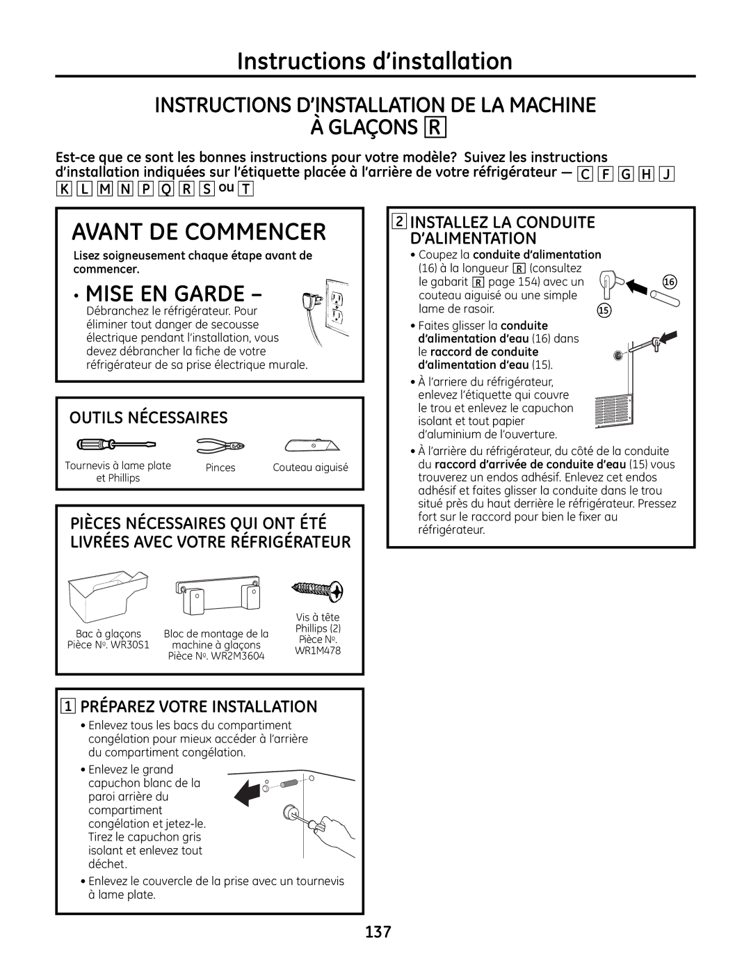 GE IM-6 Instructions D’INSTALLATION DE LA Machine Glaçons R, ’alimentation d’eau 16 dans Le raccord de conduite, Phillips 