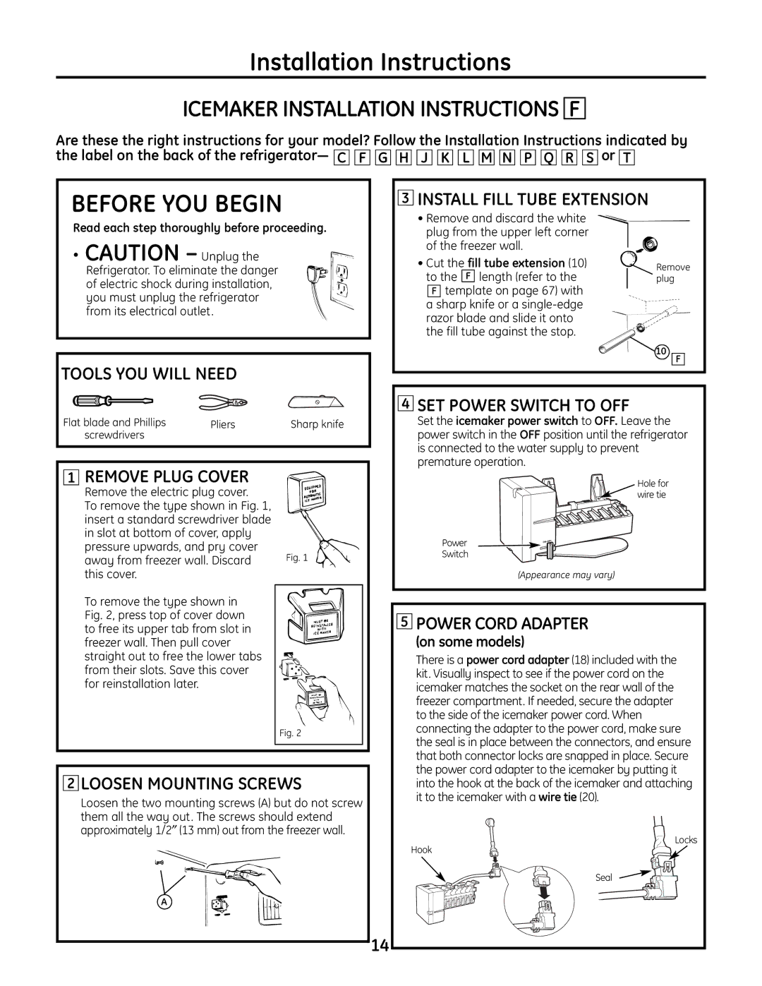 GE IM-6 installation instructions Icemaker Installation Instructions F, Remove Plug Cover, Loosen Mounting Screws 