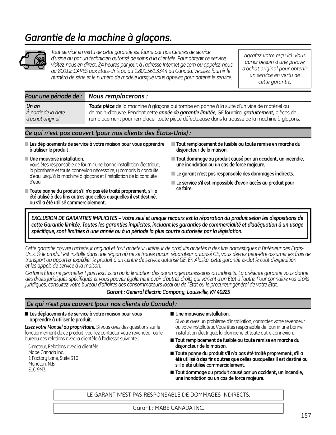 GE IM-6 installation instructions Garantie de la machine à glaçons 