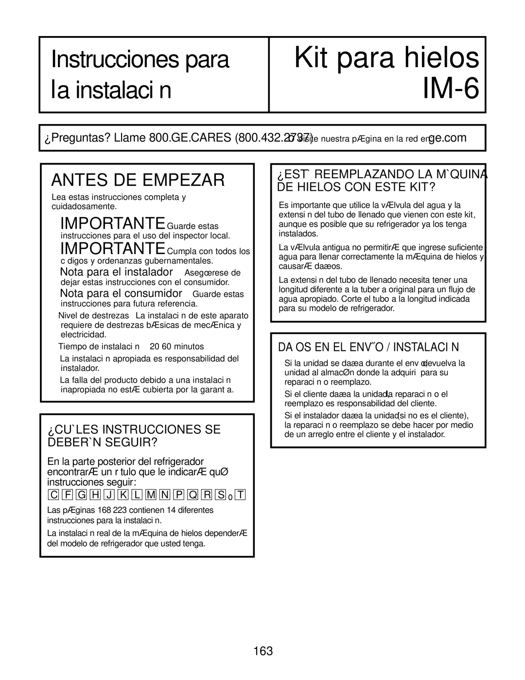 GE IM-6 installation instructions Daños EN EL Envío / Instalación, Lea estas instrucciones completa y cuidadosamente 