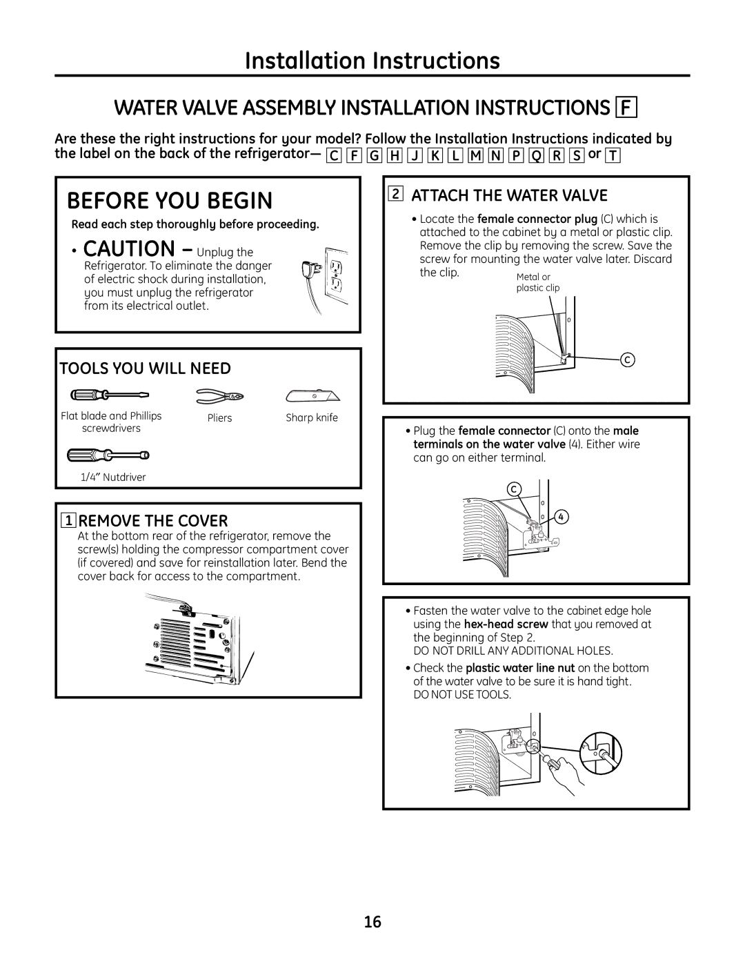 GE IM-6 installation instructions Water Valve Assembly Installation Instructions F, ″ Nutdriver 