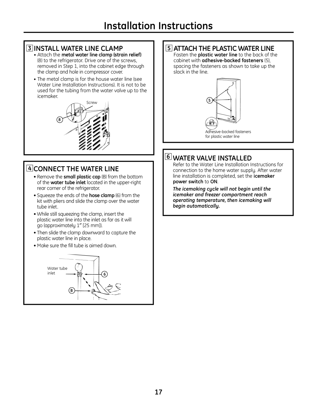 GE IM-6 installation instructions Install Water Line Clamp, Attach the metal water line clamp strain relief 