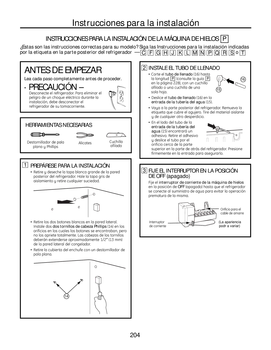 GE IM-6 Instrucciones Para LA Instalación DE LA Máquina DE Hielos P, Destornillador de pala Alicates Cuchilla 