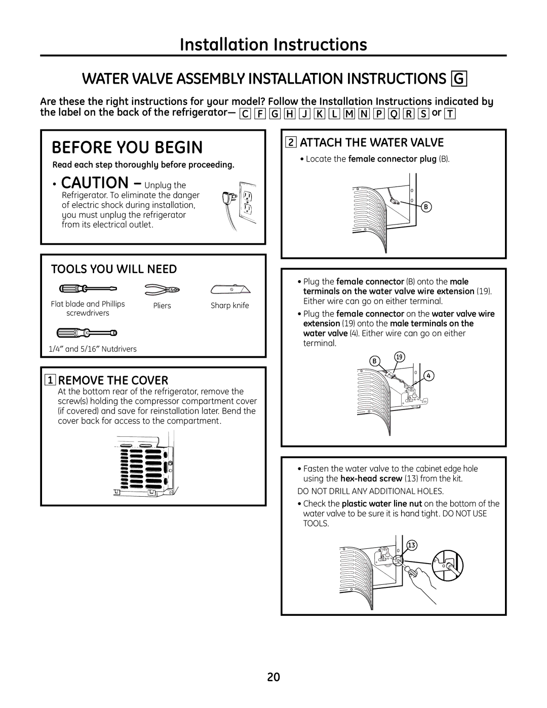 GE IM-6 Water Valve Assembly Installation Instructions G, Locate the female connector plug B, ″ and 5/16″ Nutdrivers 