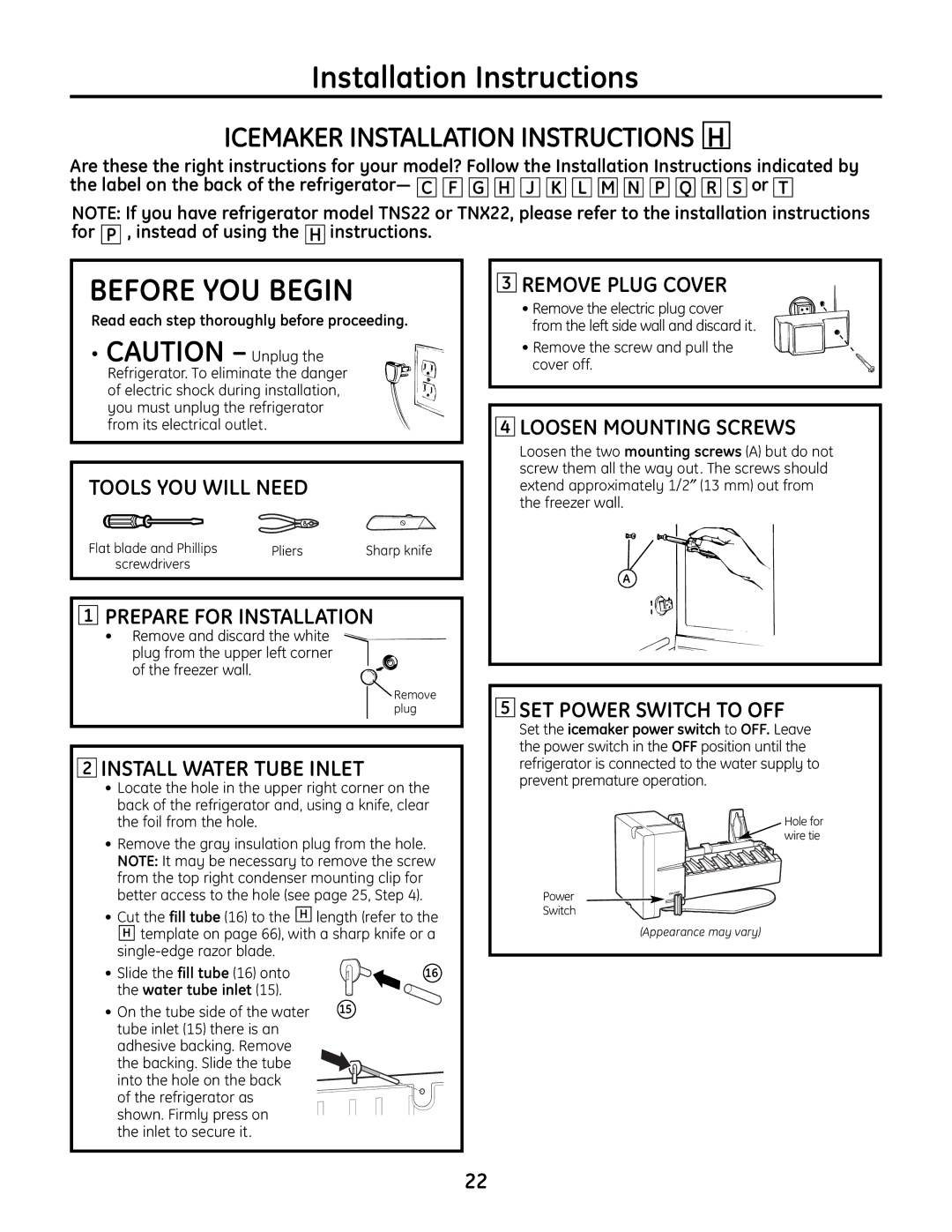 GE IM-6 installation instructions Icemaker Installation Instructions H, Remove the screw and pull the cover off 