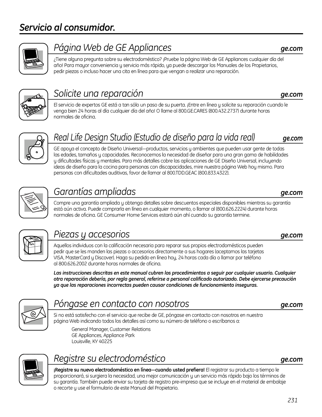 GE IM-6 installation instructions Servicio al consumidor Página Web de GE Appliances 