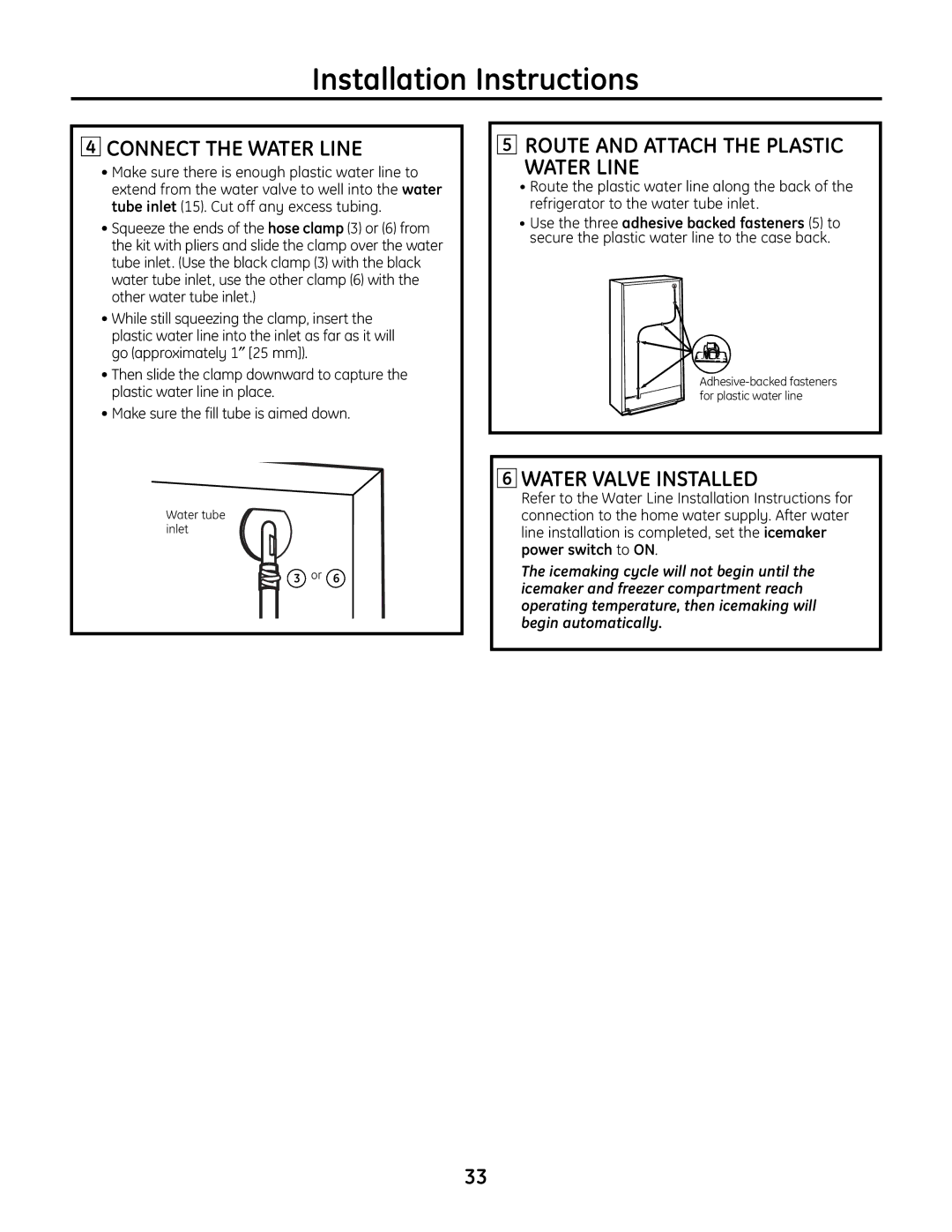 GE IM-6 installation instructions Connect the Water Line, Route and Attach the Plastic Water Line 