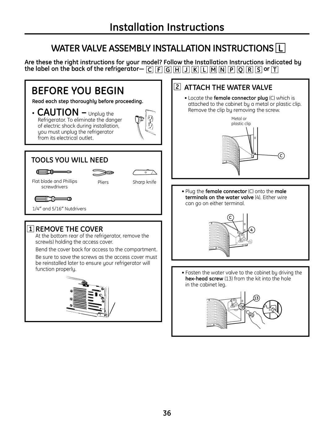 GE IM-6 installation instructions Water Valve Assembly Installation Instructions L, Cabinet leg 