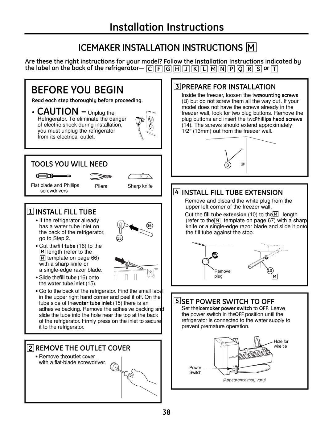 GE IM-6 Icemaker Installation Instructions M, Remove the Outlet Cover, Inside the freezer, loosen the two mounting screws 