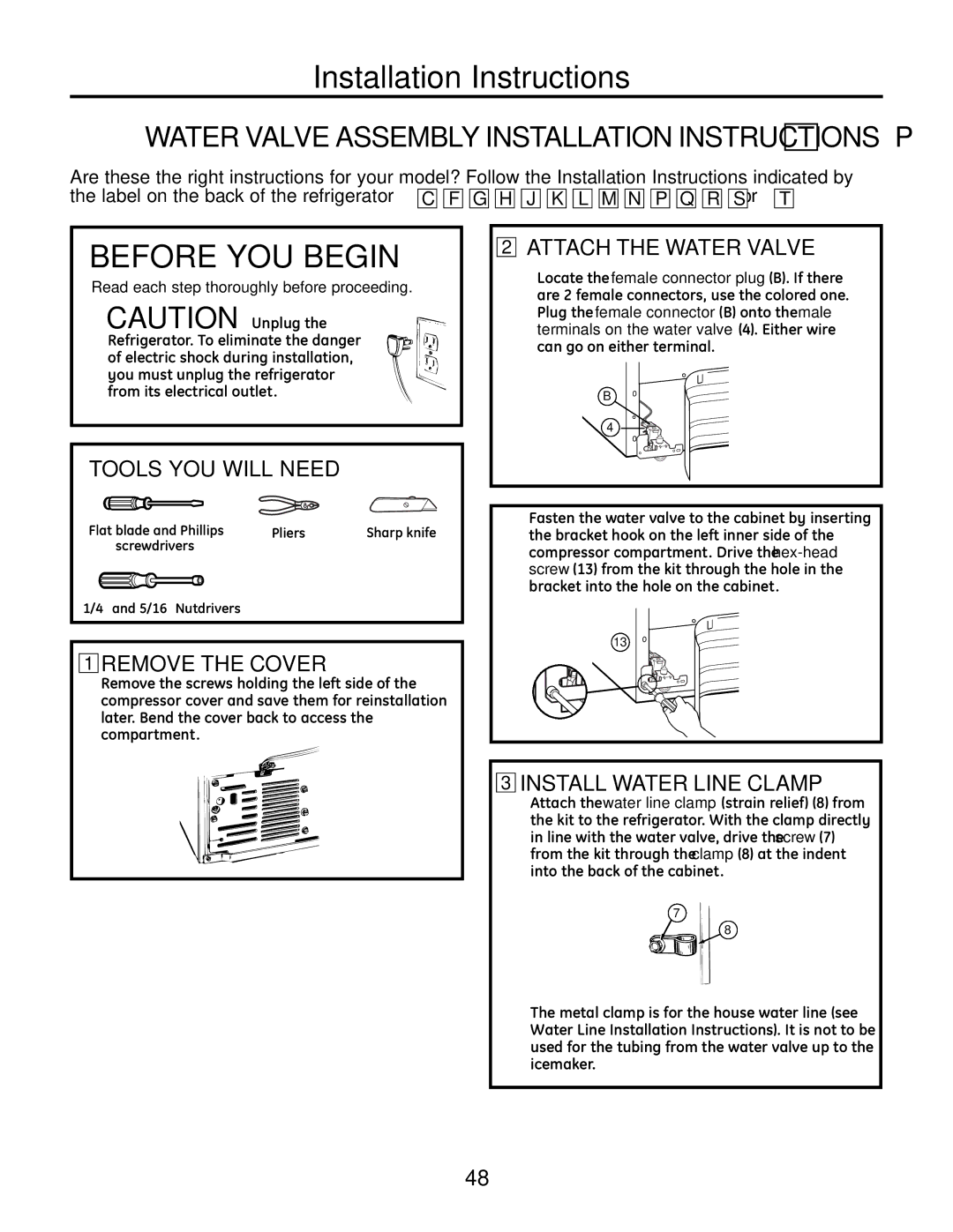 GE IM-6 installation instructions Water Valve Assembly Installation Instructions P, ″ and 5/16″ Nutdrivers 