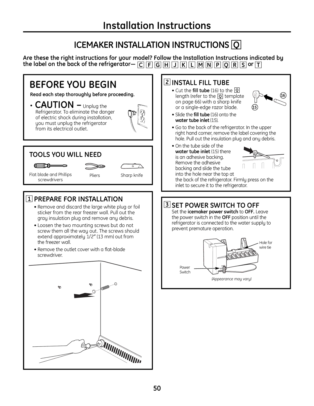 GE IM-6 installation instructions Icemaker Installation Instructions Q, Install Fill Tube 