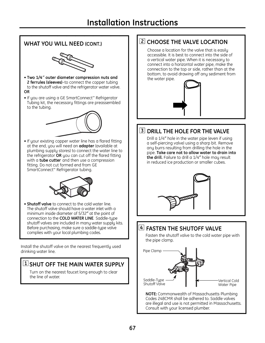 GE IM-6 installation instructions Choose the Valve Location, Drill the Hole for the Valve, Fasten the Shutoff Valve 