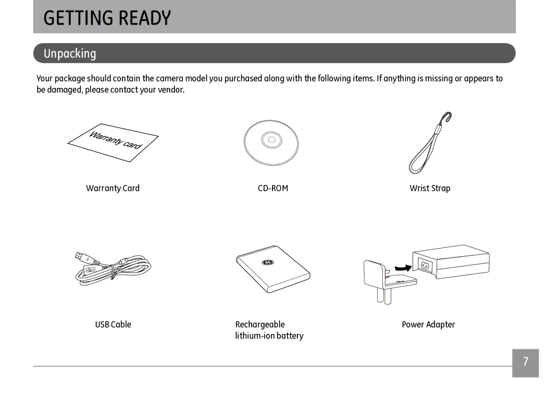 GE J1470S user manual Getting Ready, Unpacking, USB Cable Rechargeable Power Adapter Lithium-ion battery 