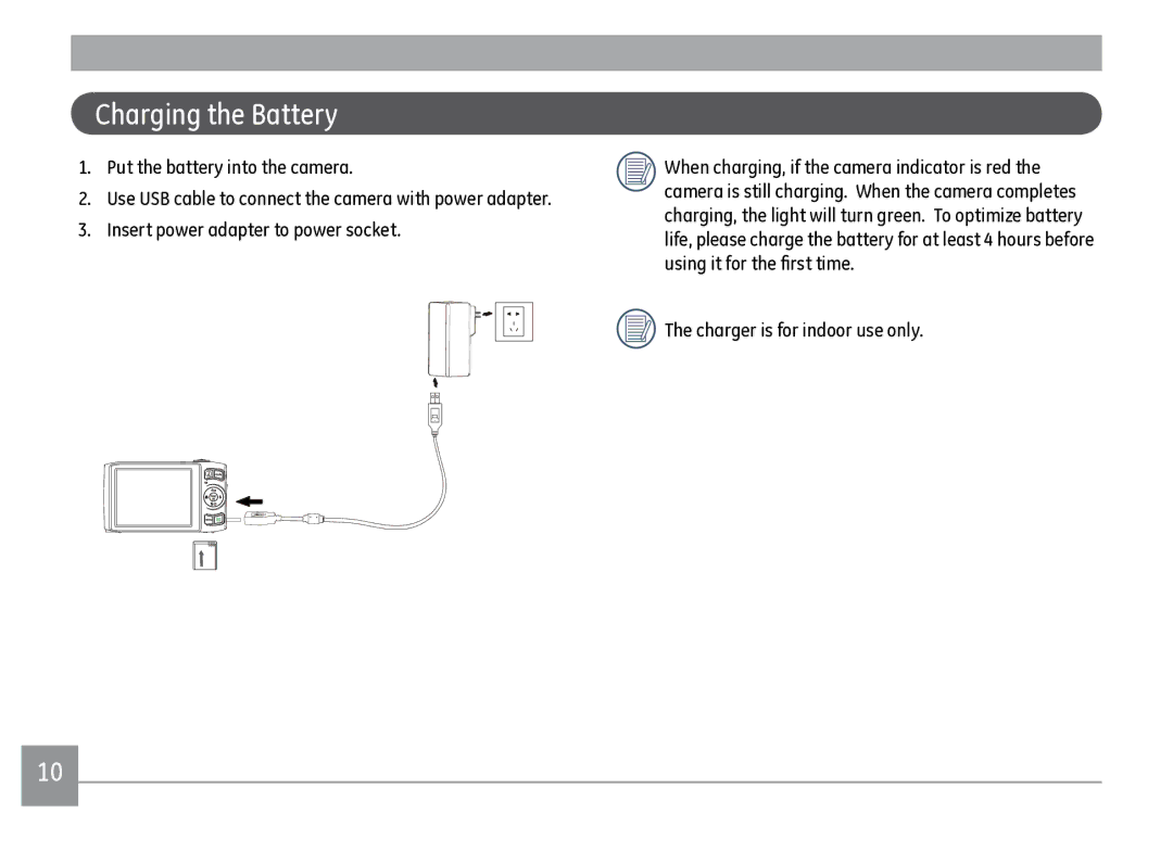 GE J1470S user manual Charging the Battery, Charger is for indoor use only 