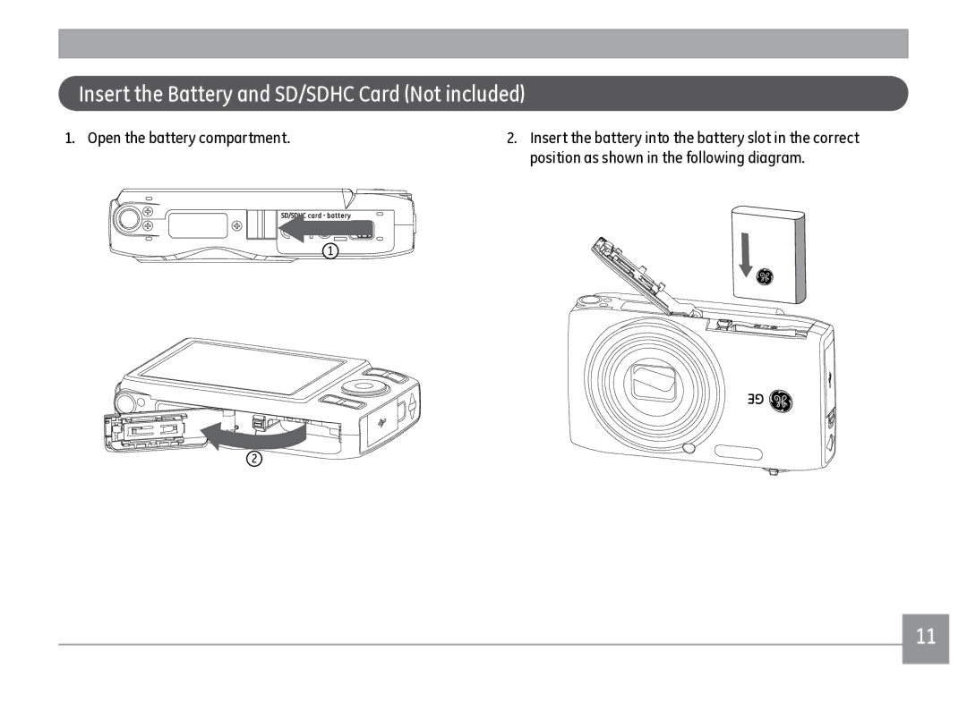 GE J1470S user manual Insert the Battery and SD/SDHC Card Not included, Open the battery compartment 