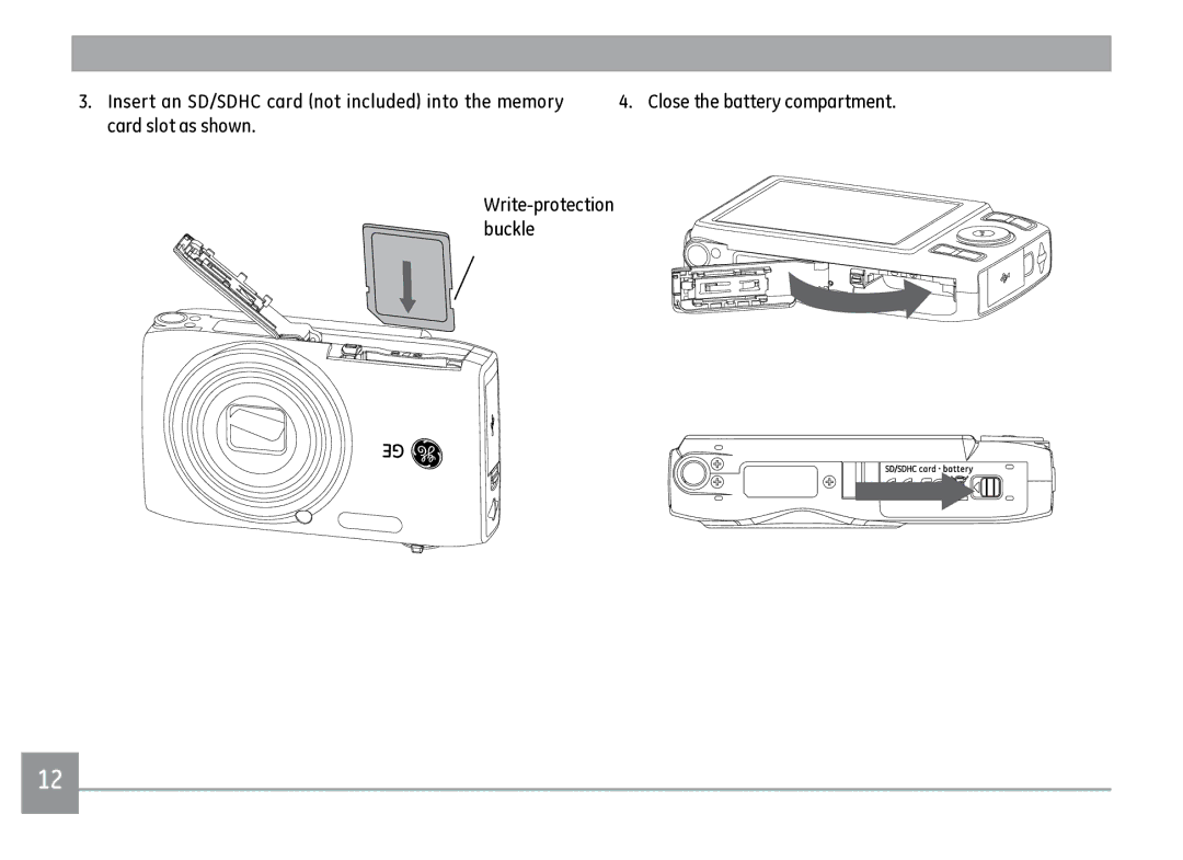 GE J1470S user manual Insert an SD/SDHC card not included into the memory, Card slot as shown 