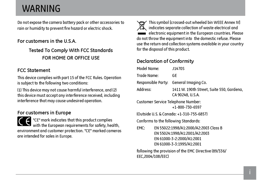 GE J1470S user manual FCC Statement, For customers in Europe, Declaration of Conformity 