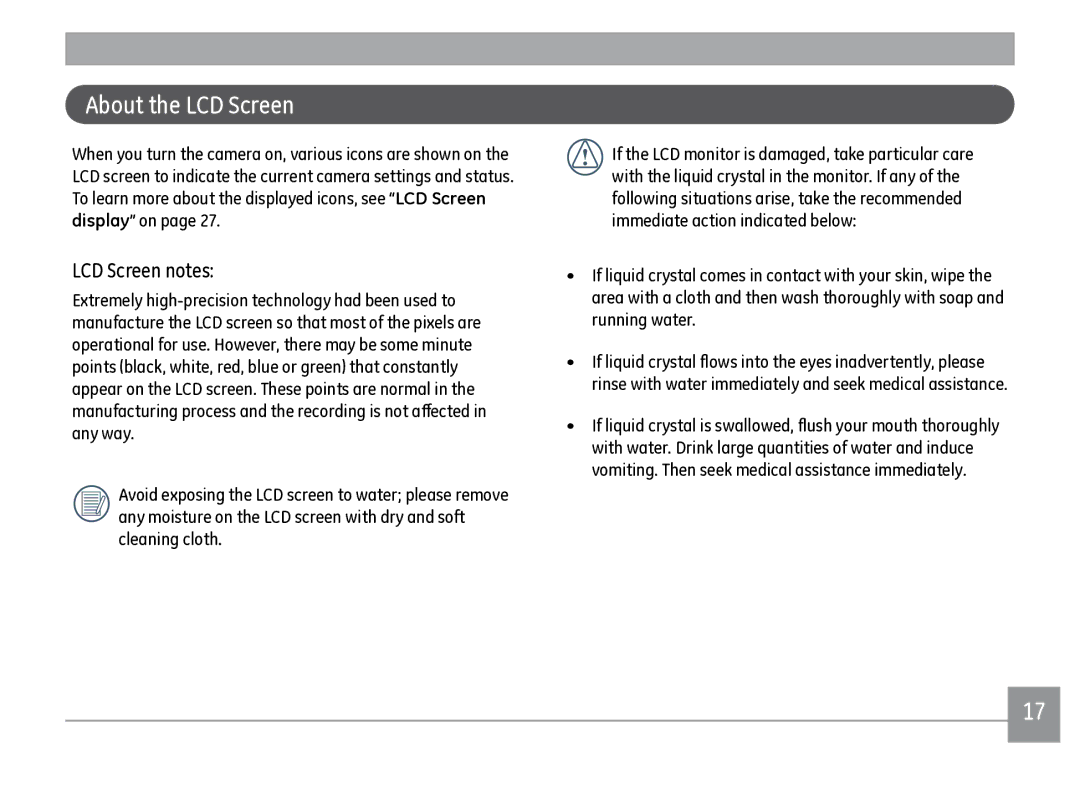 GE J1470S user manual About the LCD Screen, LCD Screen notes 