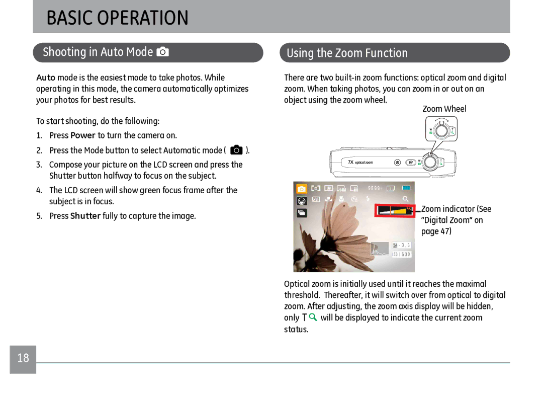 GE J1470S user manual Basic Operation, Shooting in Auto Mode, Using the Zoom Function 