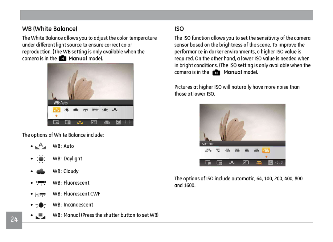 GE J1470S user manual WB White Balance, Iso 