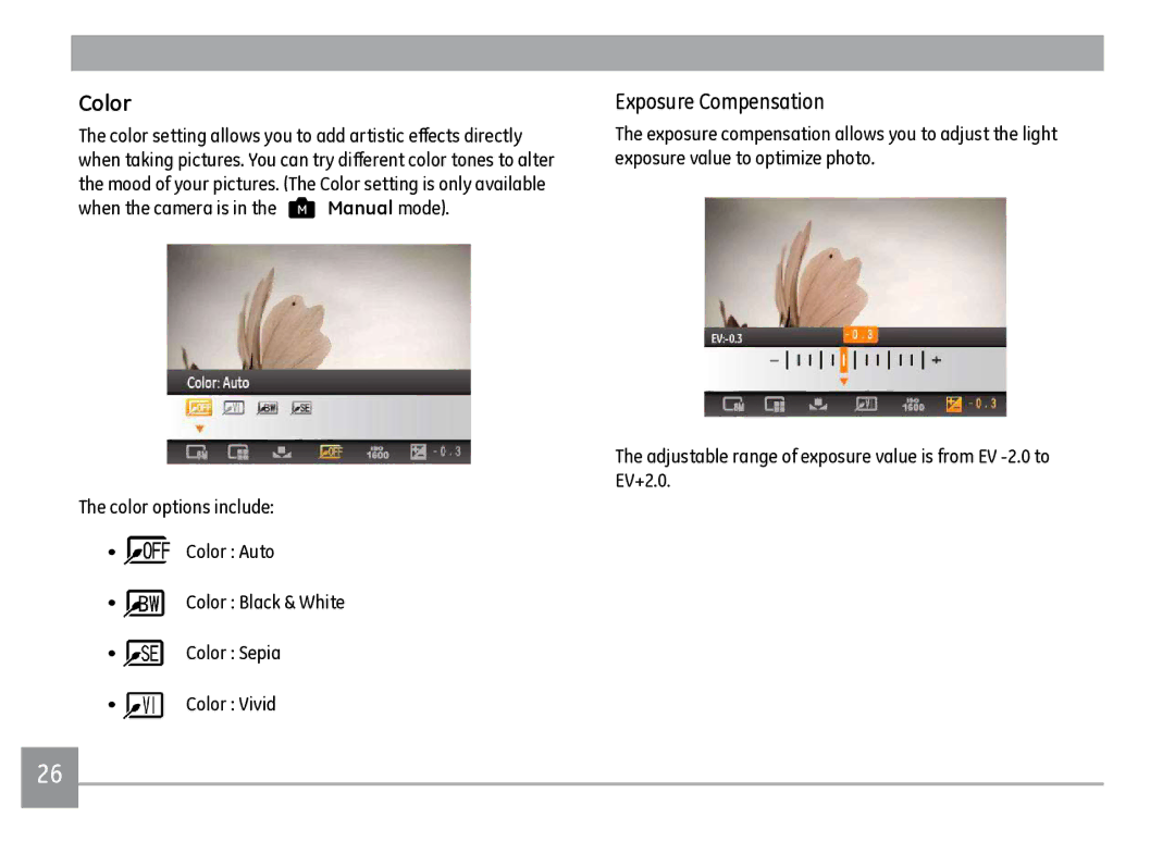 GE J1470S user manual Color options include Color Auto, Color Sepia Color Vivid 