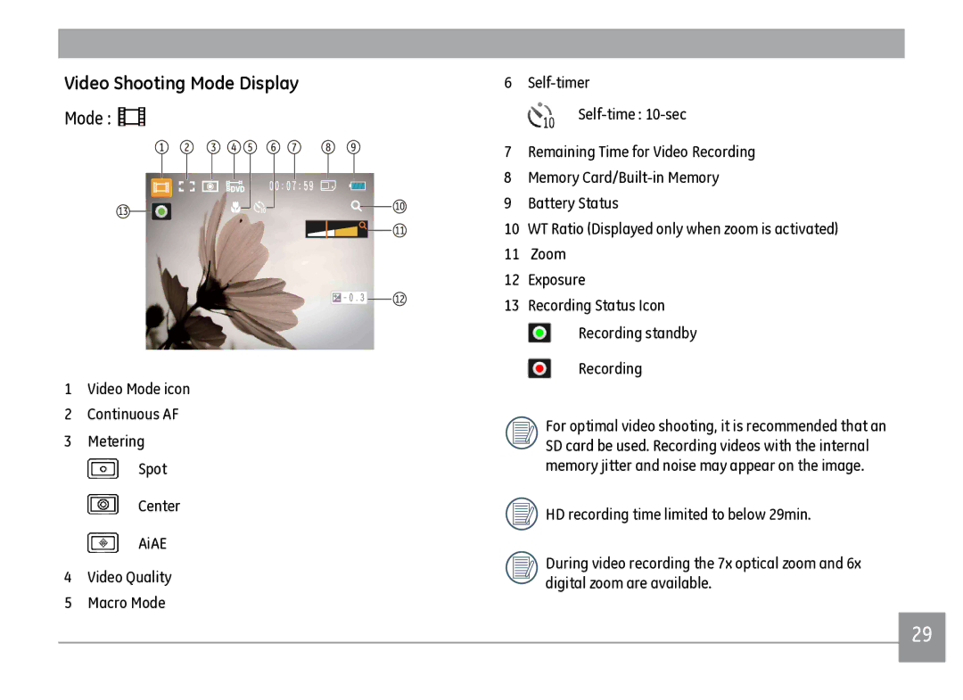 GE J1470S user manual Video Shooting Mode Display 