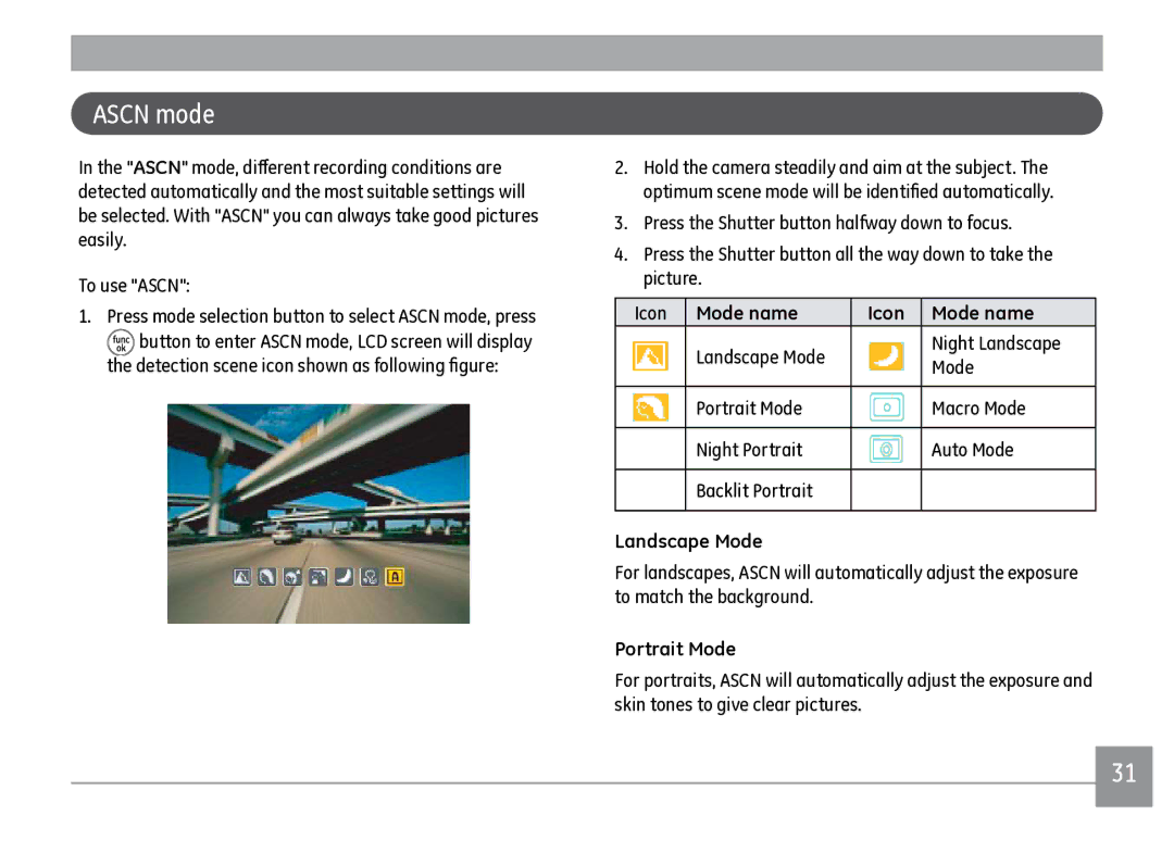 GE J1470S user manual Ascn mode, Mode name Icon, Landscape Mode, Portrait Mode 