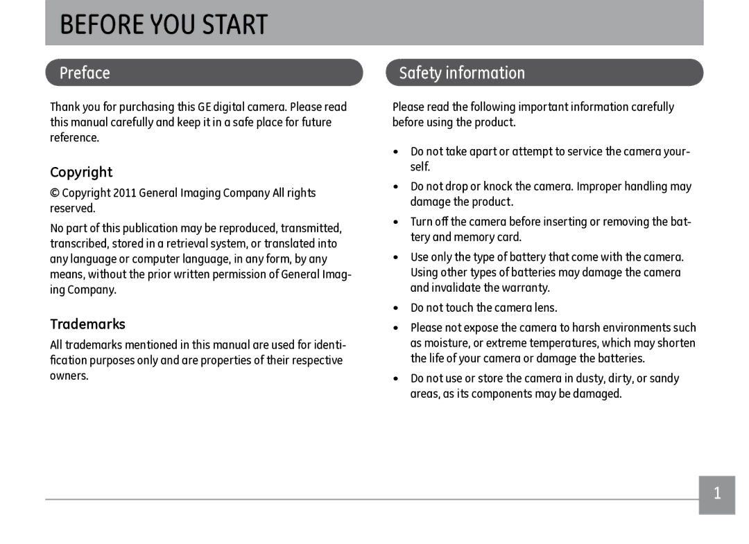 GE J1470S user manual Before YOU Start, Preface, Safety information, Copyright, Trademarks 