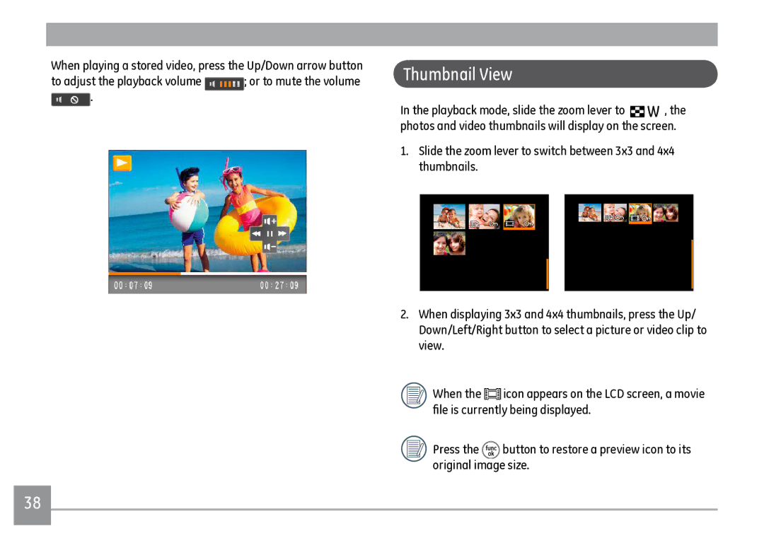 GE J1470S user manual Thumbnail View, To adjust the playback volume or to mute the volume 