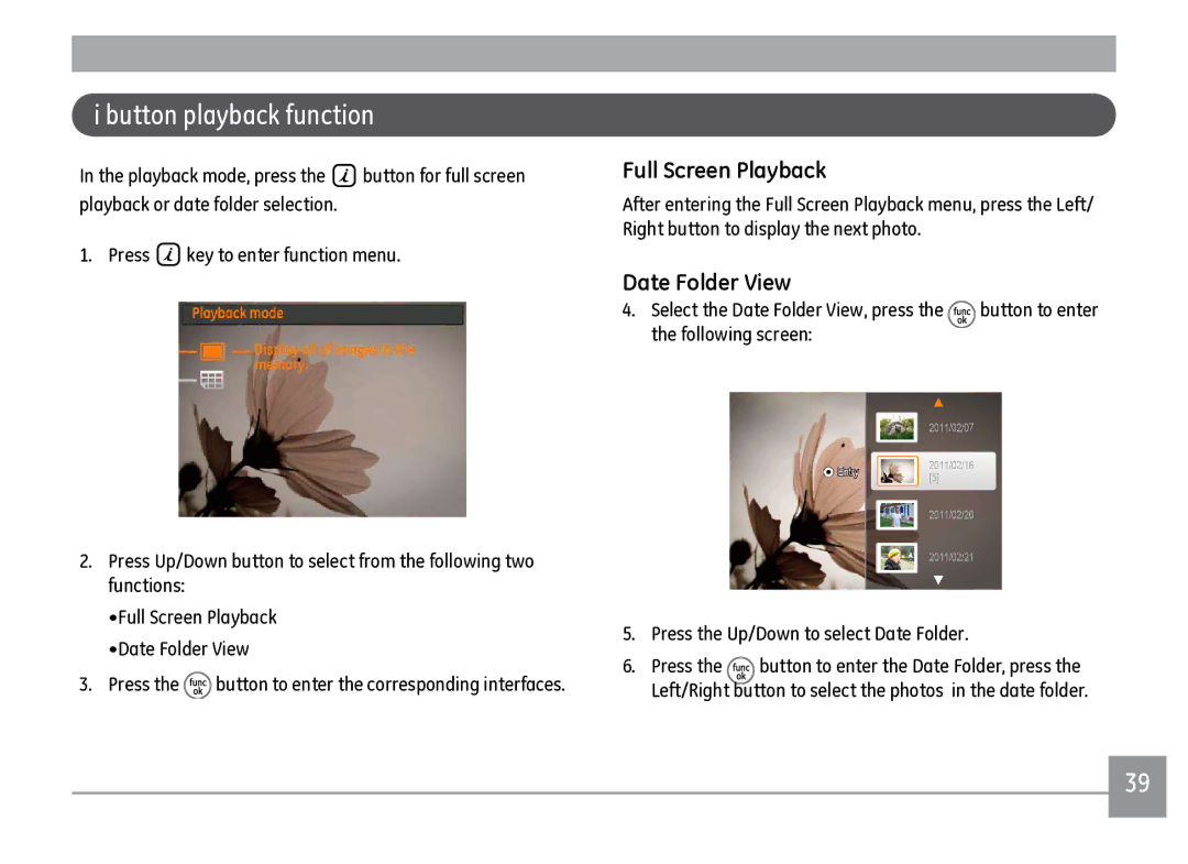 GE J1470S user manual Button playback function, Full Screen Playback, Date Folder View 