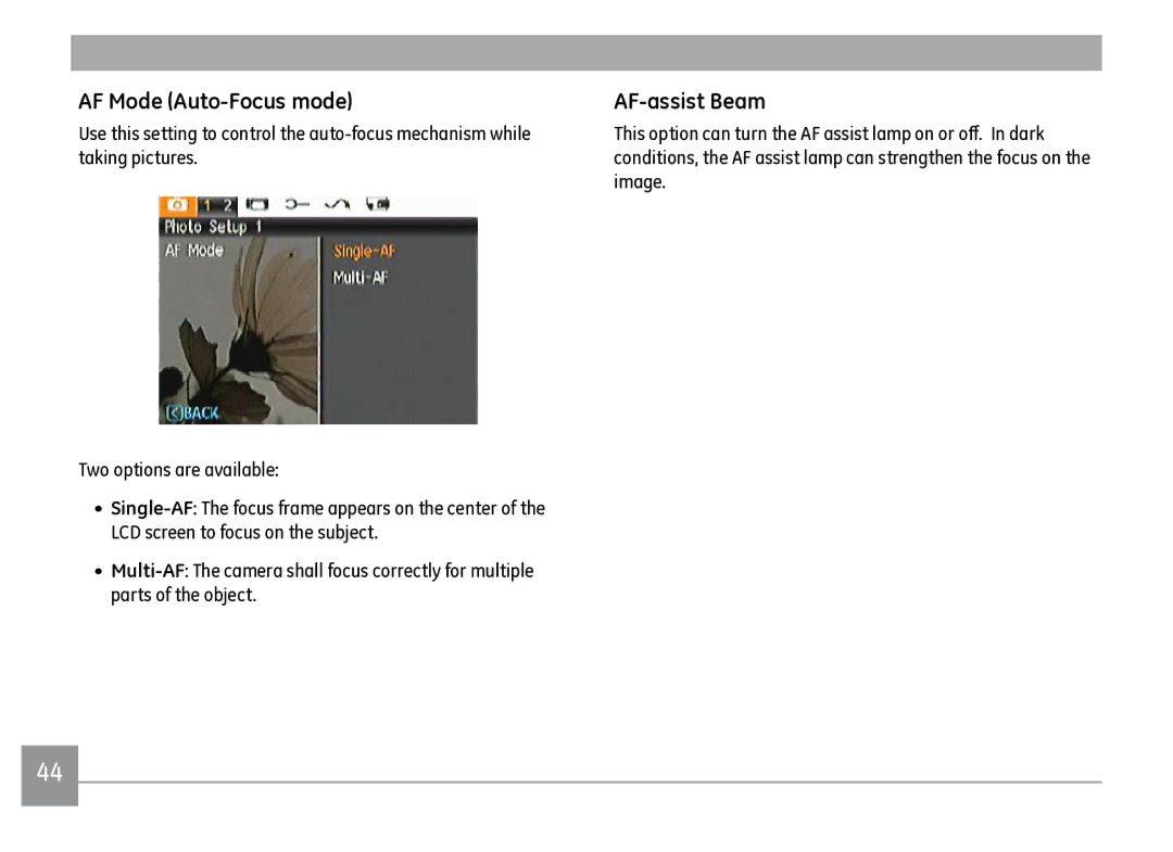 GE J1470S user manual AF Mode Auto-Focus mode, AF-assist Beam 