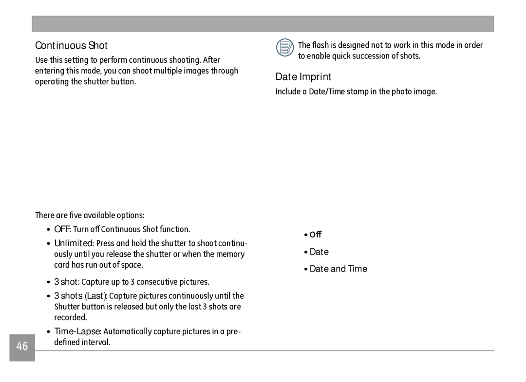 GE J1470S user manual Continuous Shot, Date Imprint, Include a Date/Time stamp in the photo image, Off Date Date and Time 