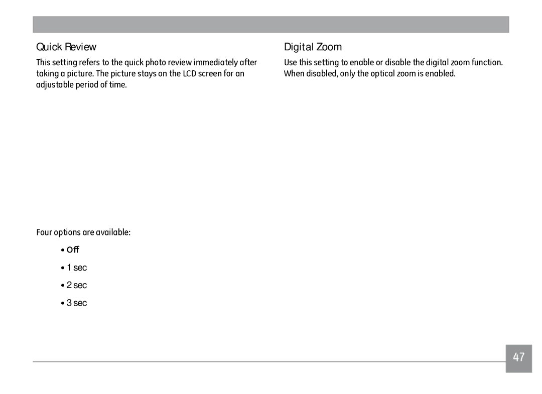 GE J1470S user manual Quick Review, Digital Zoom, Off Sec 