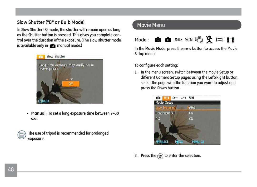 GE J1470S user manual Movie Menu, Slow Shutter B or Bulb Mode 