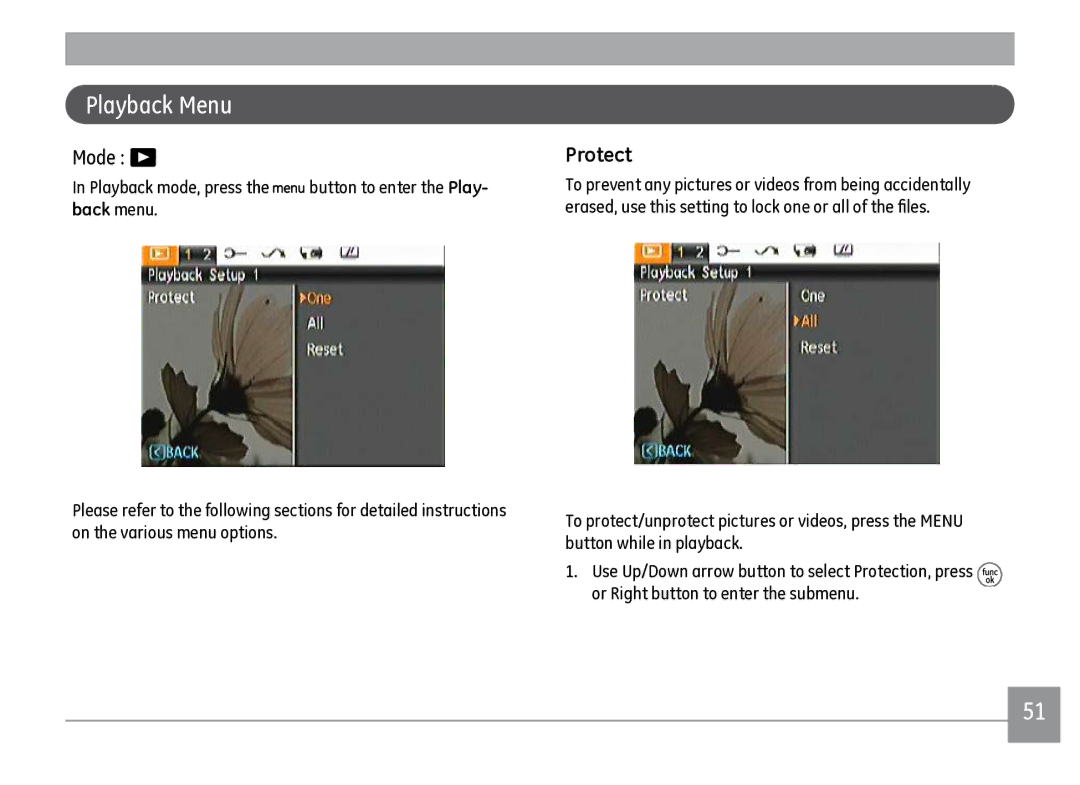 GE J1470S user manual Playback Menu, Protect 